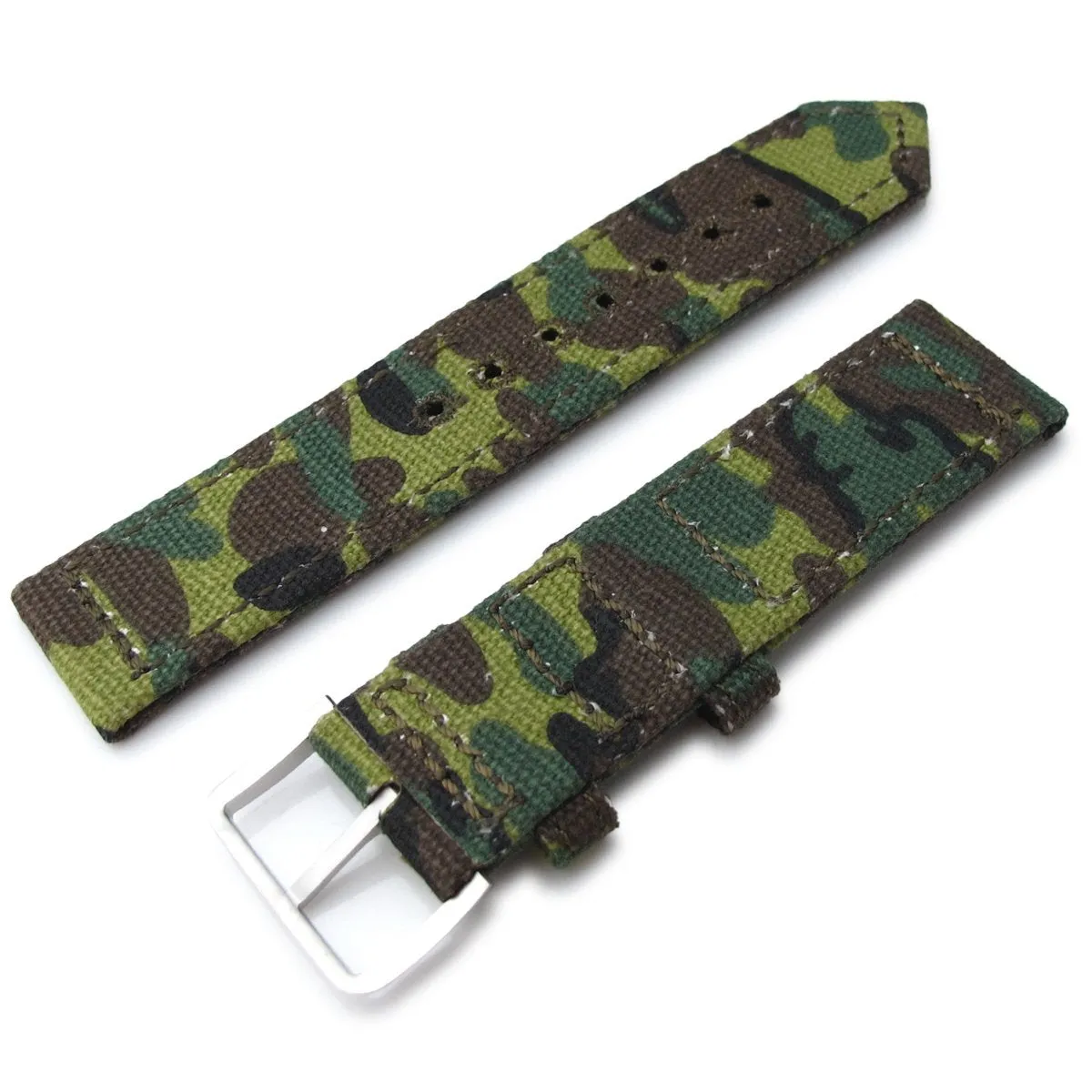 20mm, 21mm or 22mm MiLTAT WW2 2-piece ERDL Camouflage Canvas Armband with lockstitch round hole, Sandblasted