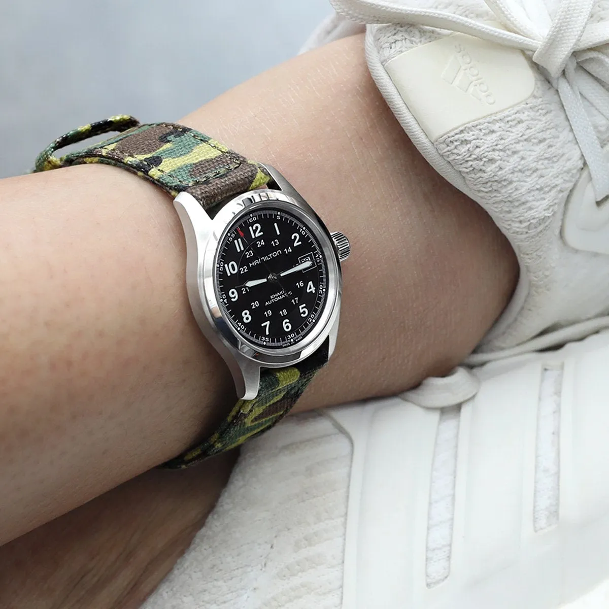 20mm, 21mm or 22mm MiLTAT WW2 2-piece ERDL Camouflage Canvas Armband with lockstitch round hole, Sandblasted