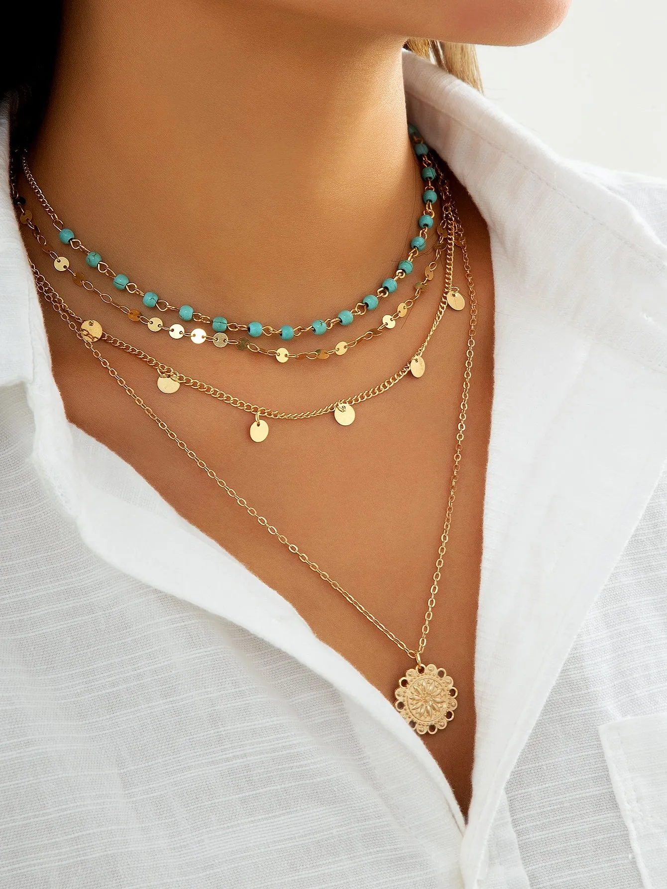 3pcs Boho Creative Fashionable Vintage Turquoise Tassel Multi-layer Beaded