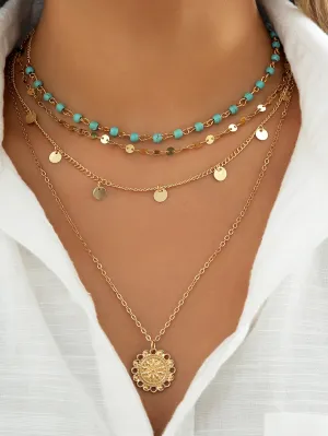 3pcs Boho Creative Fashionable Vintage Turquoise Tassel Multi-layer Beaded