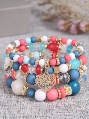 4pcs/set Boho Tree Heart Charm Pink White Blue Beaded Bracelet Women Bracelet
