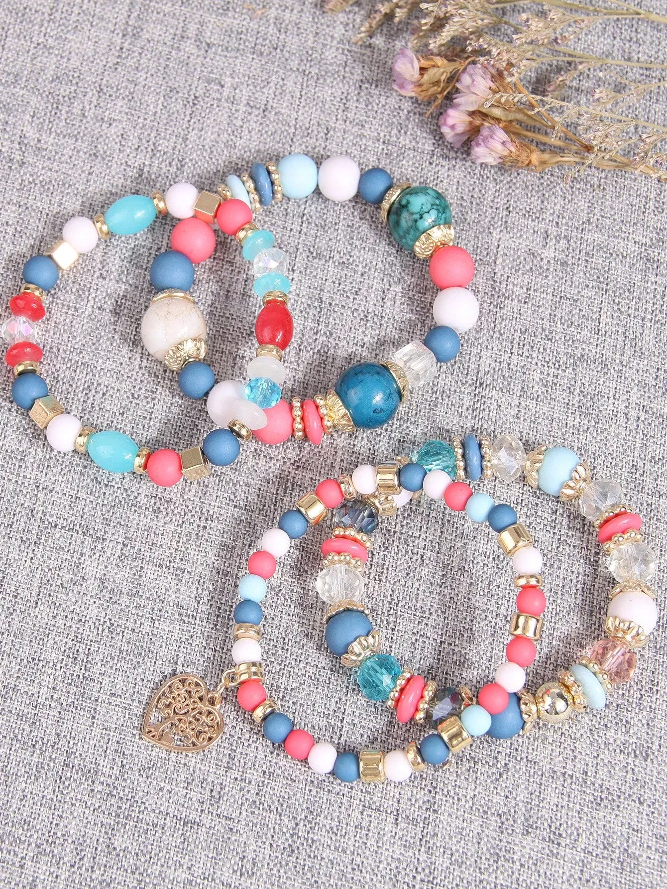 4pcs/set Boho Tree Heart Charm Pink White Blue Beaded Bracelet Women Bracelet