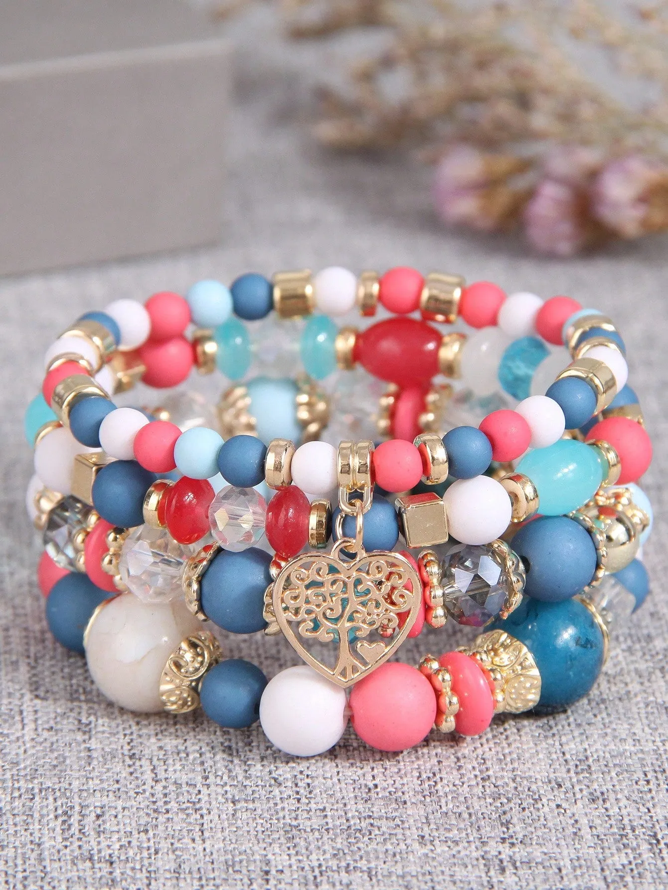4pcs/set Boho Tree Heart Charm Pink White Blue Beaded Bracelet Women Bracelet
