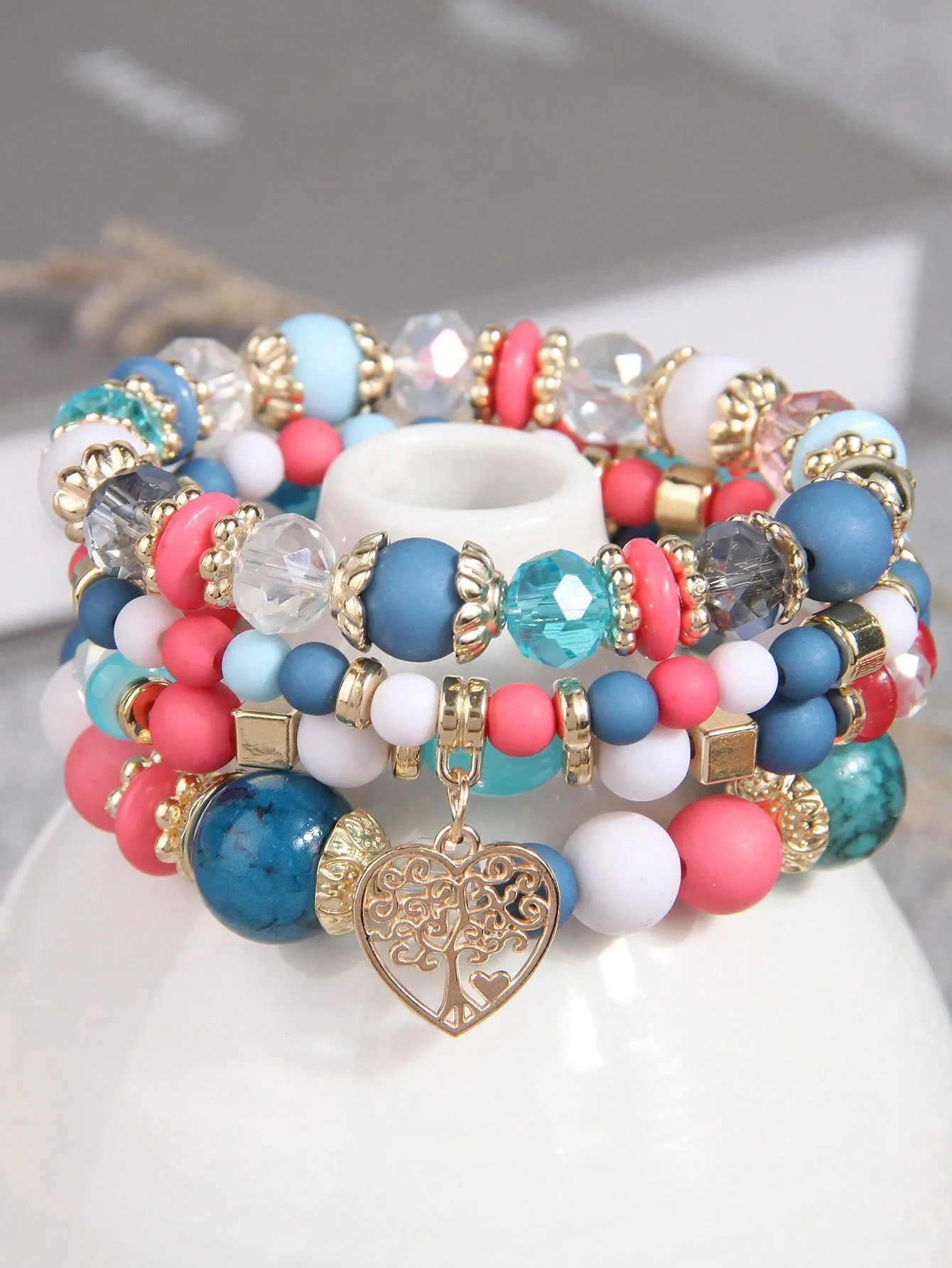4pcs/set Boho Tree Heart Charm Pink White Blue Beaded Bracelet Women Bracelet