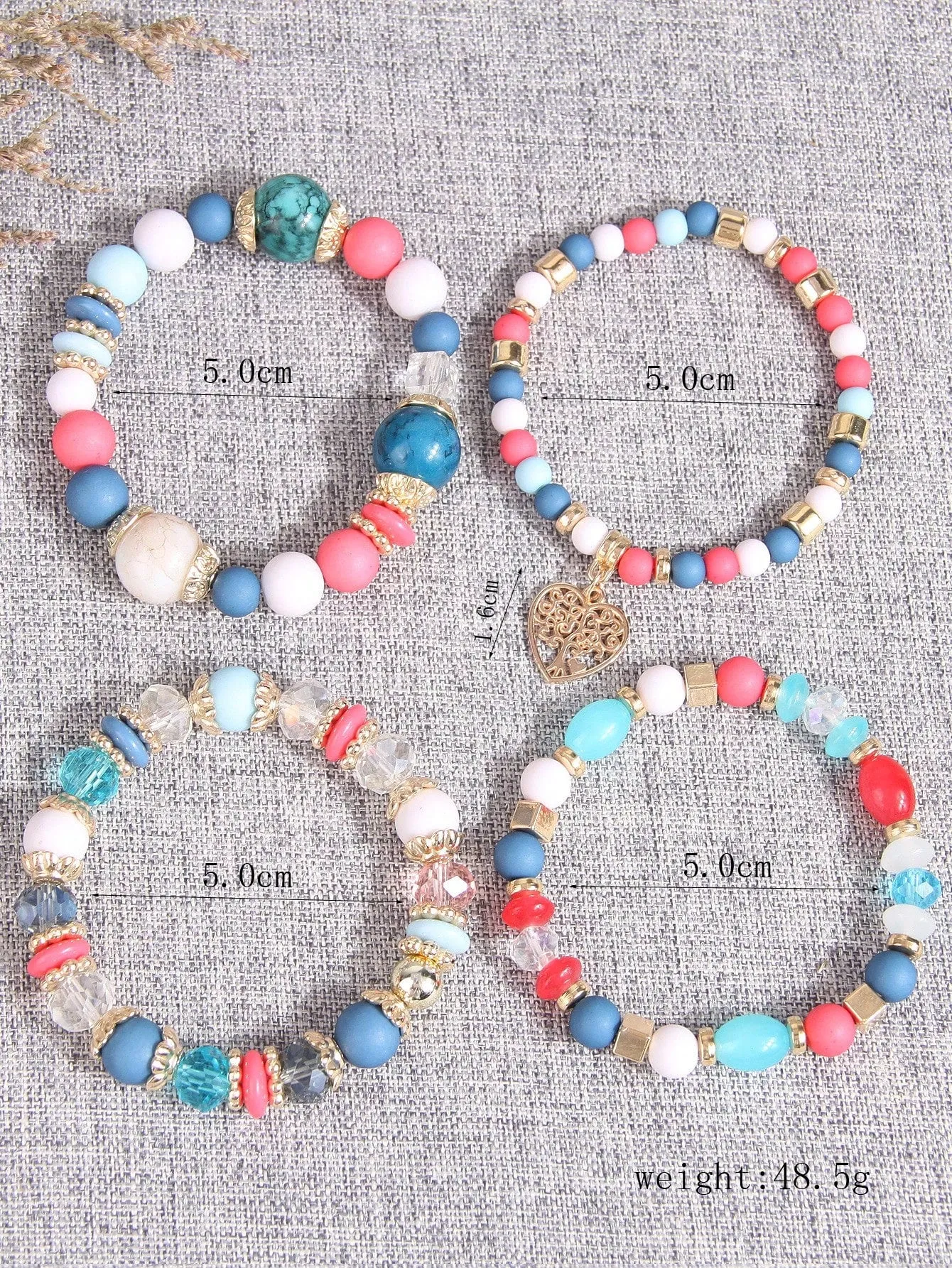4pcs/set Boho Tree Heart Charm Pink White Blue Beaded Bracelet Women Bracelet