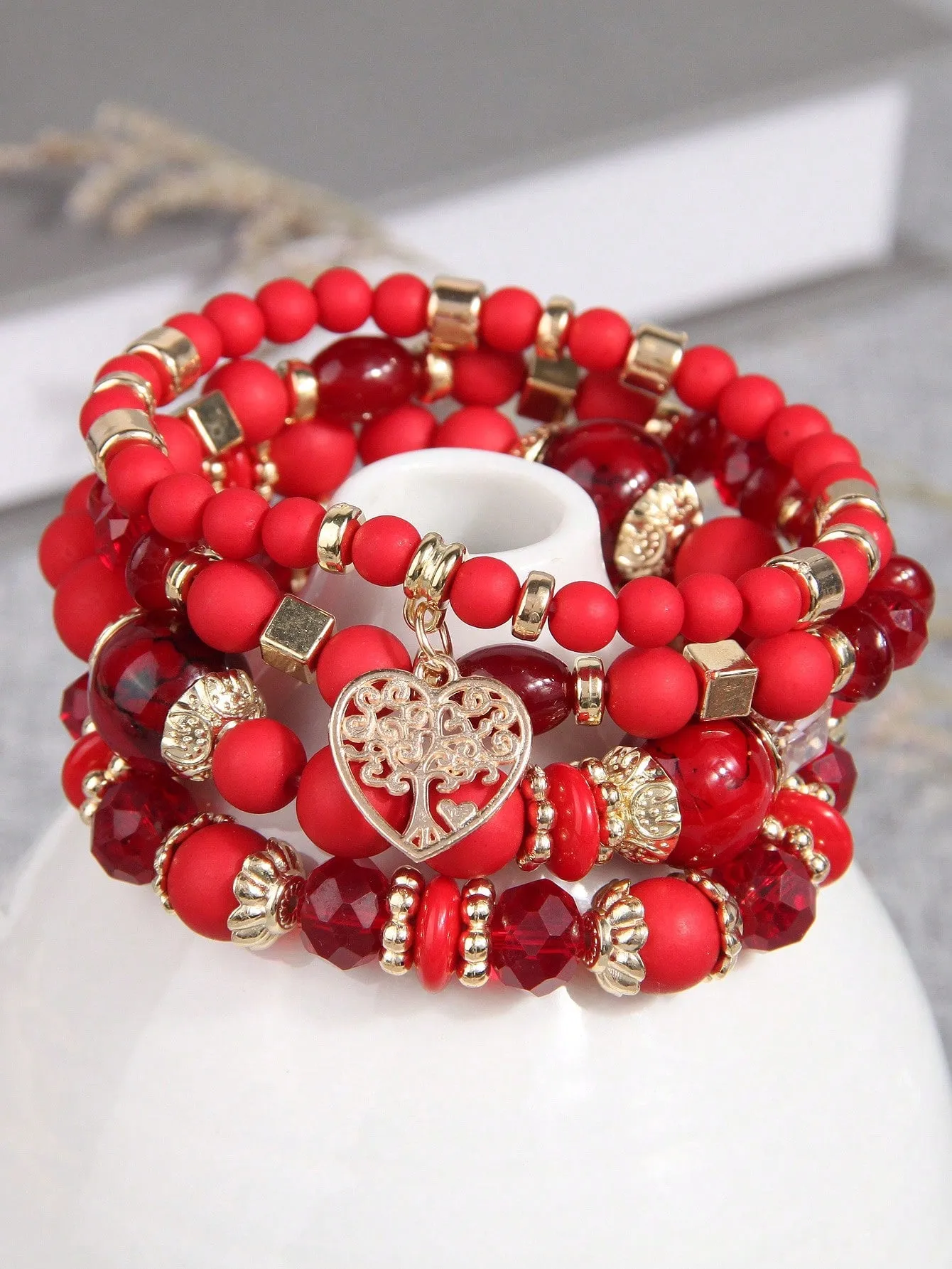 4pcs/set Boho Tree Red Charmed Beaded Bracelet Women Bracelet Stackable Bracelet