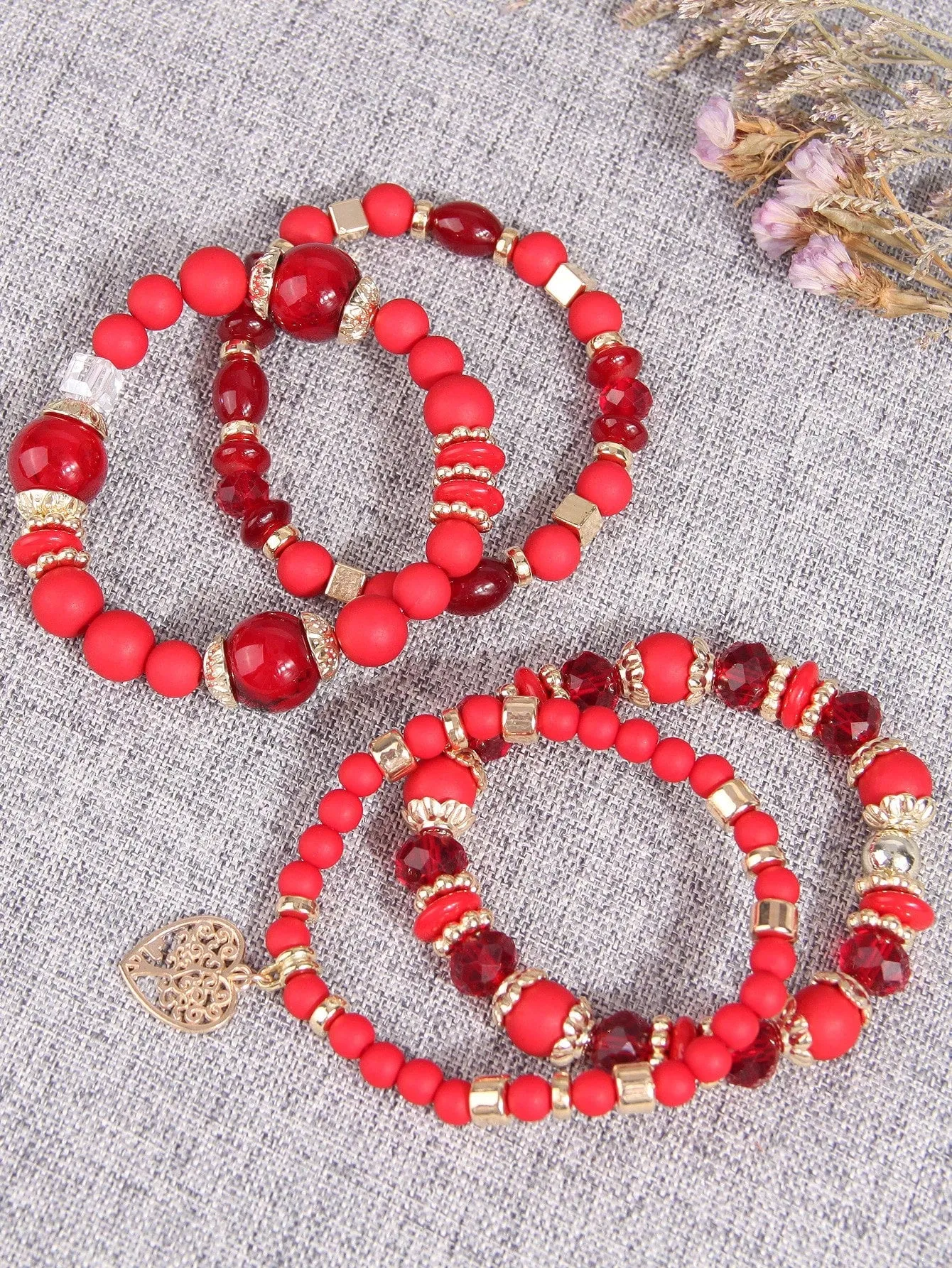 4pcs/set Boho Tree Red Charmed Beaded Bracelet Women Bracelet Stackable Bracelet