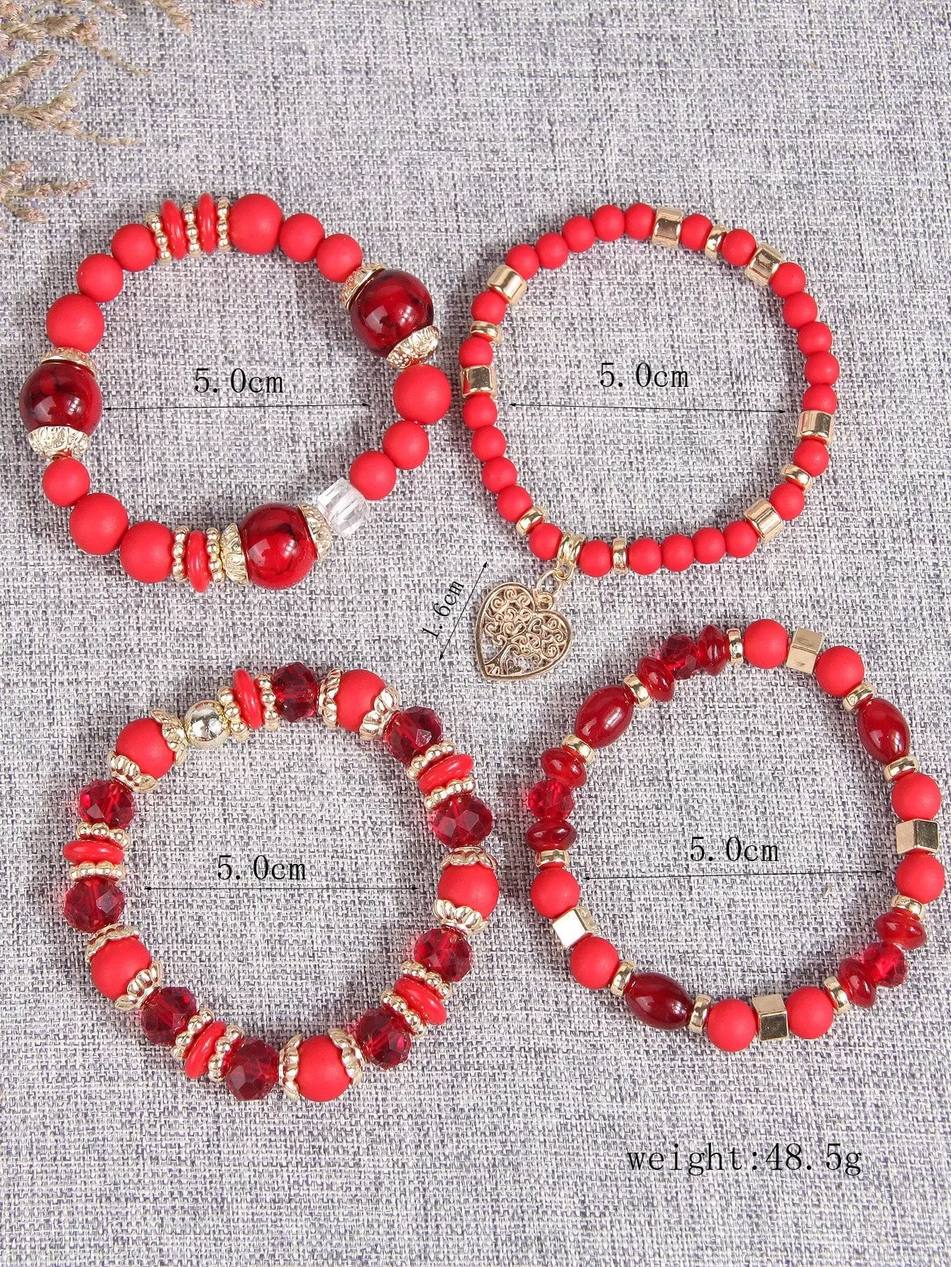 4pcs/set Boho Tree Red Charmed Beaded Bracelet Women Bracelet Stackable Bracelet