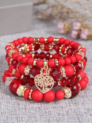 4pcs/set Boho Tree Red Charmed Beaded Bracelet Women Bracelet Stackable Bracelet
