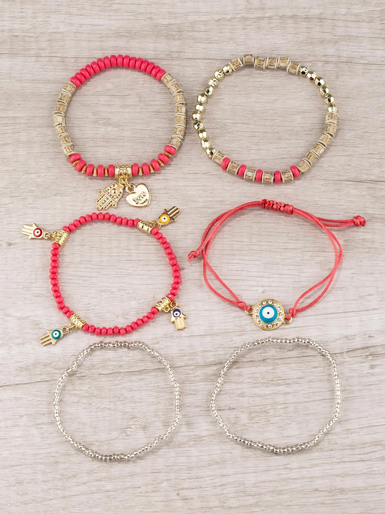 6pcs Boho Eye Detail Hamsa Hand Charm Sky Blue Bracelet For Women For Vacation