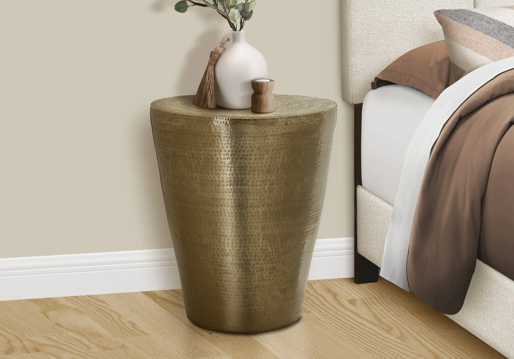 Accent Table, Drum, Side, End, Nightstand, Lamp, Living Room, Bedroom, Gold Metal, Contemporary, Modern
