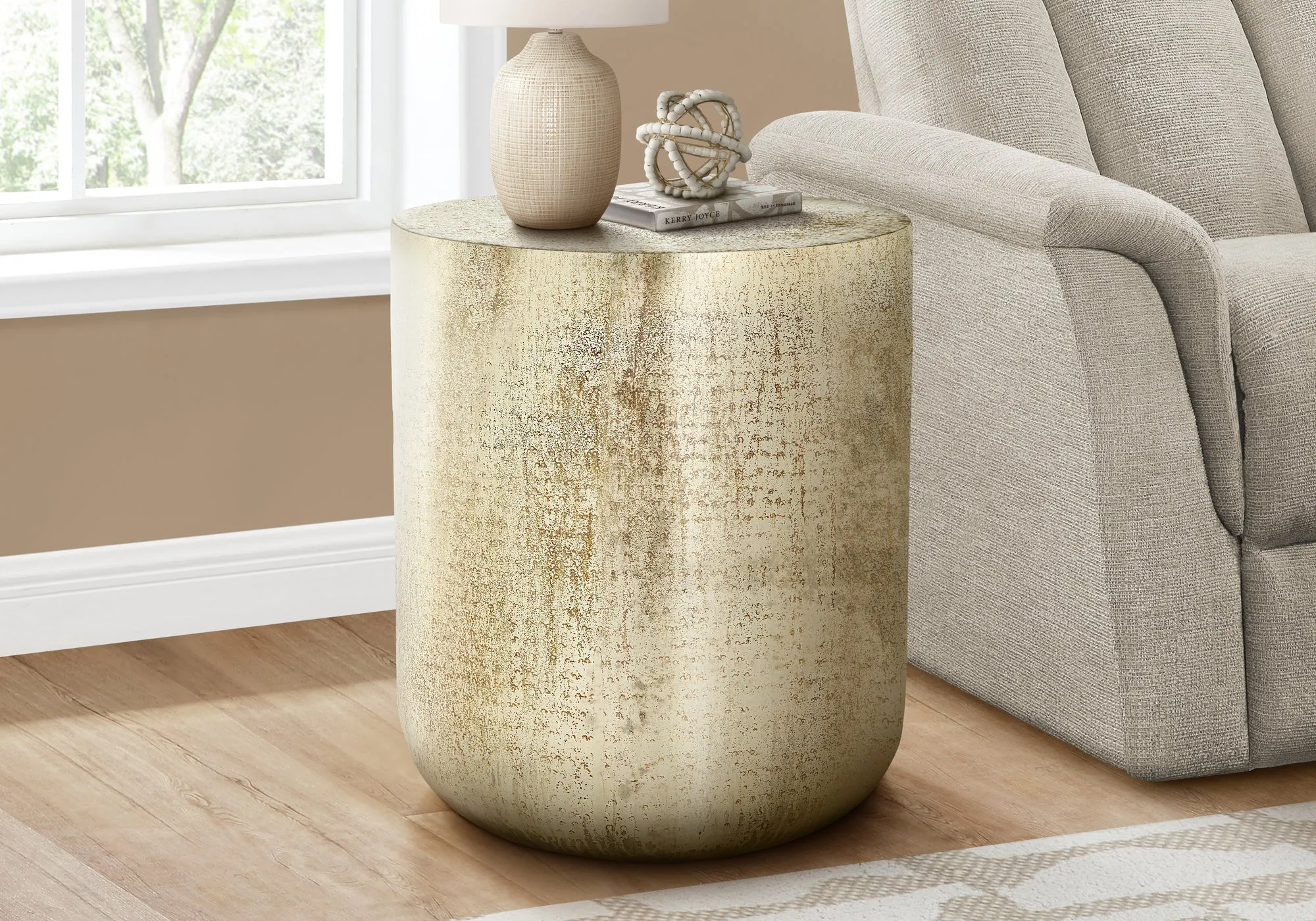 Accent Table, Drum, Side, End, Nightstand, Lamp, Living Room, Bedroom, Gold Metal, Contemporary, Modern