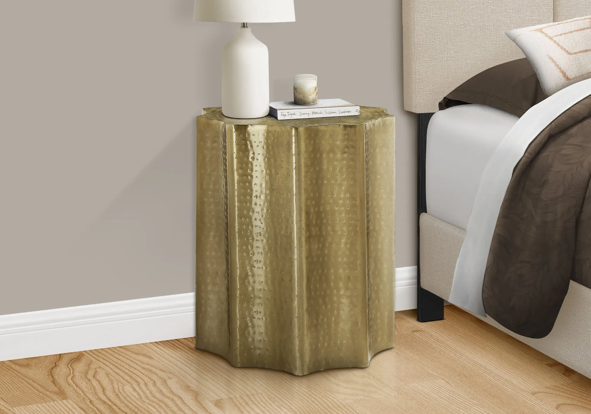 Accent Table, Drum, Side, End, Nightstand, Lamp, Living Room, Bedroom, Gold Metal, Contemporary, Modern