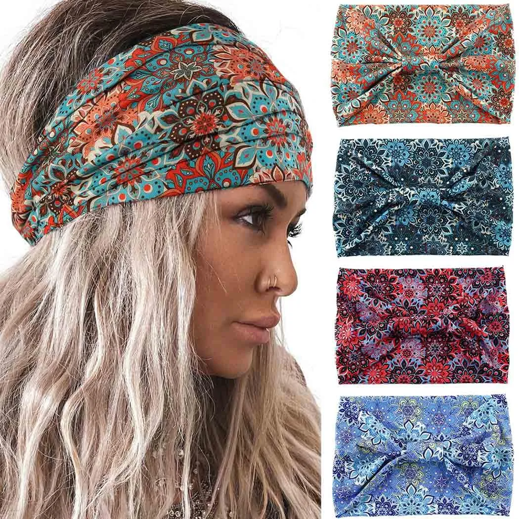 Acenail Wide Headbands Women Boho Turban Knotted Headband Floral Elastic Non Slip Hairband Workout Yoga Head Scarfs Bohemian Headwraps Fashion Hair Accessories for Women 4Pcs (Floral)