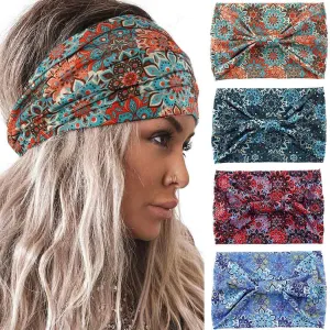 Acenail Wide Headbands Women Boho Turban Knotted Headband Floral Elastic Non Slip Hairband Workout Yoga Head Scarfs Bohemian Headwraps Fashion Hair Accessories for Women 4Pcs (Floral)