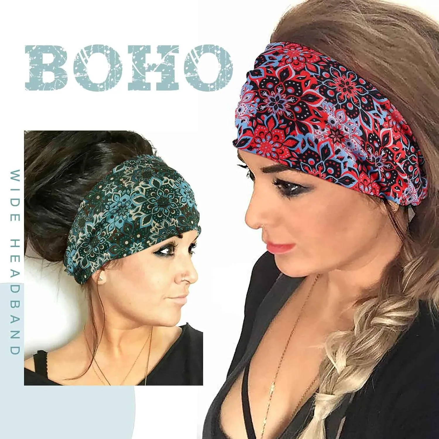 Acenail Wide Headbands Women Boho Turban Knotted Headband Floral Elastic Non Slip Hairband Workout Yoga Head Scarfs Bohemian Headwraps Fashion Hair Accessories for Women 4Pcs (Floral)