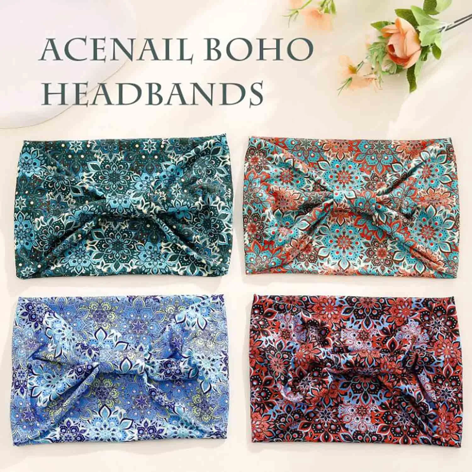 Acenail Wide Headbands Women Boho Turban Knotted Headband Floral Elastic Non Slip Hairband Workout Yoga Head Scarfs Bohemian Headwraps Fashion Hair Accessories for Women 4Pcs (Floral)