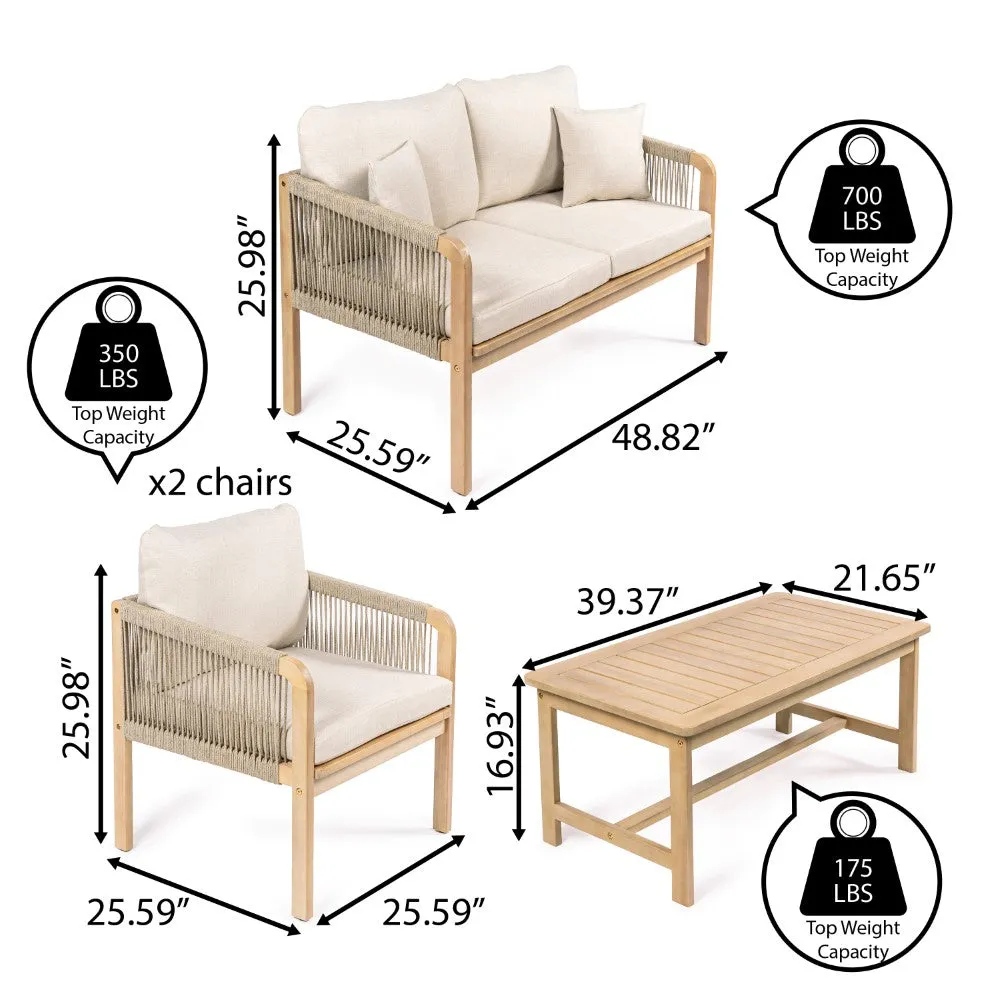 Alarice 4-Piece Modern Bohemian Acacia Wood Outdoor Patio Set with Cushions and Plain Decorative Pillows