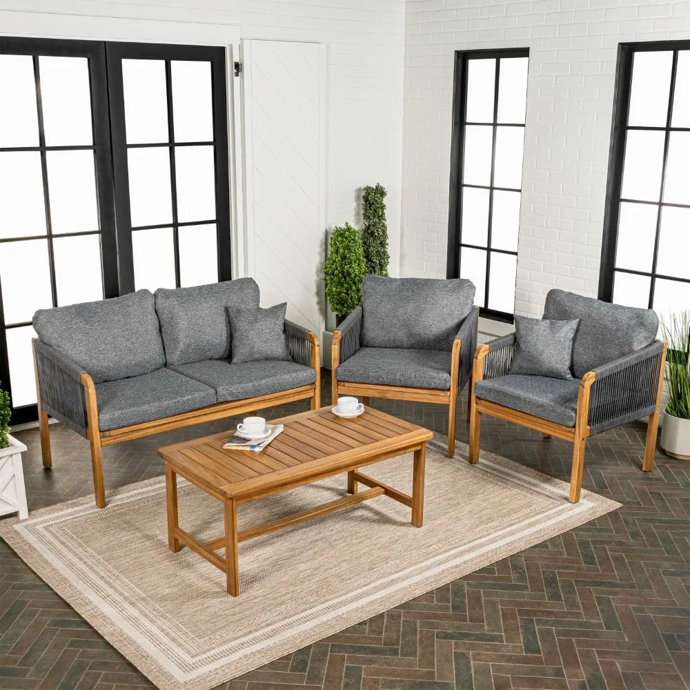 Alarice 4-Piece Modern Bohemian Acacia Wood Outdoor Patio Set with Cushions and Plain Decorative Pillows