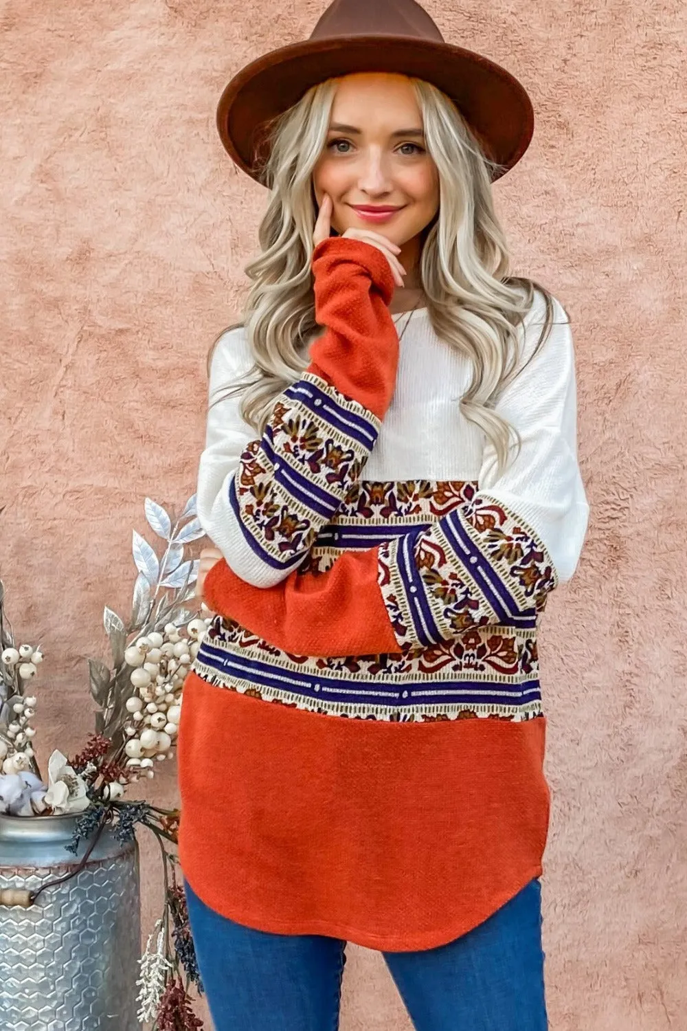 And The Why Boho Print Color Block Top in Rust
