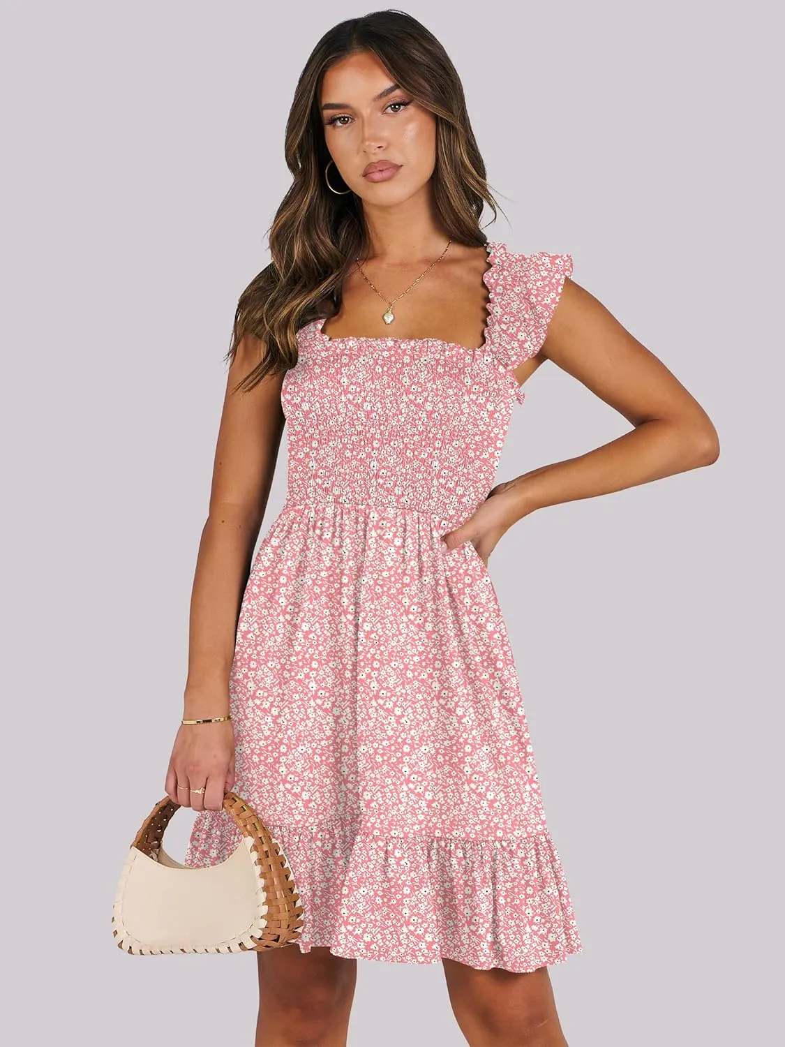 ANRABESS Women's Summer Casual Sleeveless Square Neck Dress 2025 Smocked Ruffle Backless Boho Beach Cute Teen Short Sundress