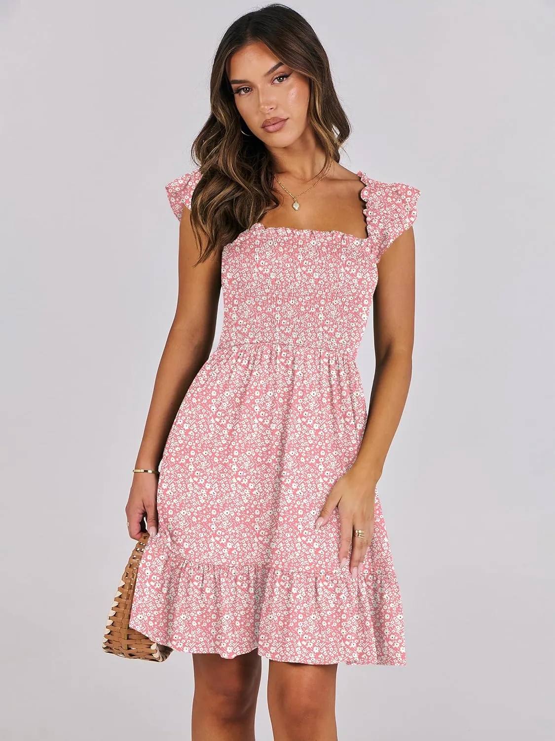 ANRABESS Women's Summer Casual Sleeveless Square Neck Dress 2025 Smocked Ruffle Backless Boho Beach Cute Teen Short Sundress