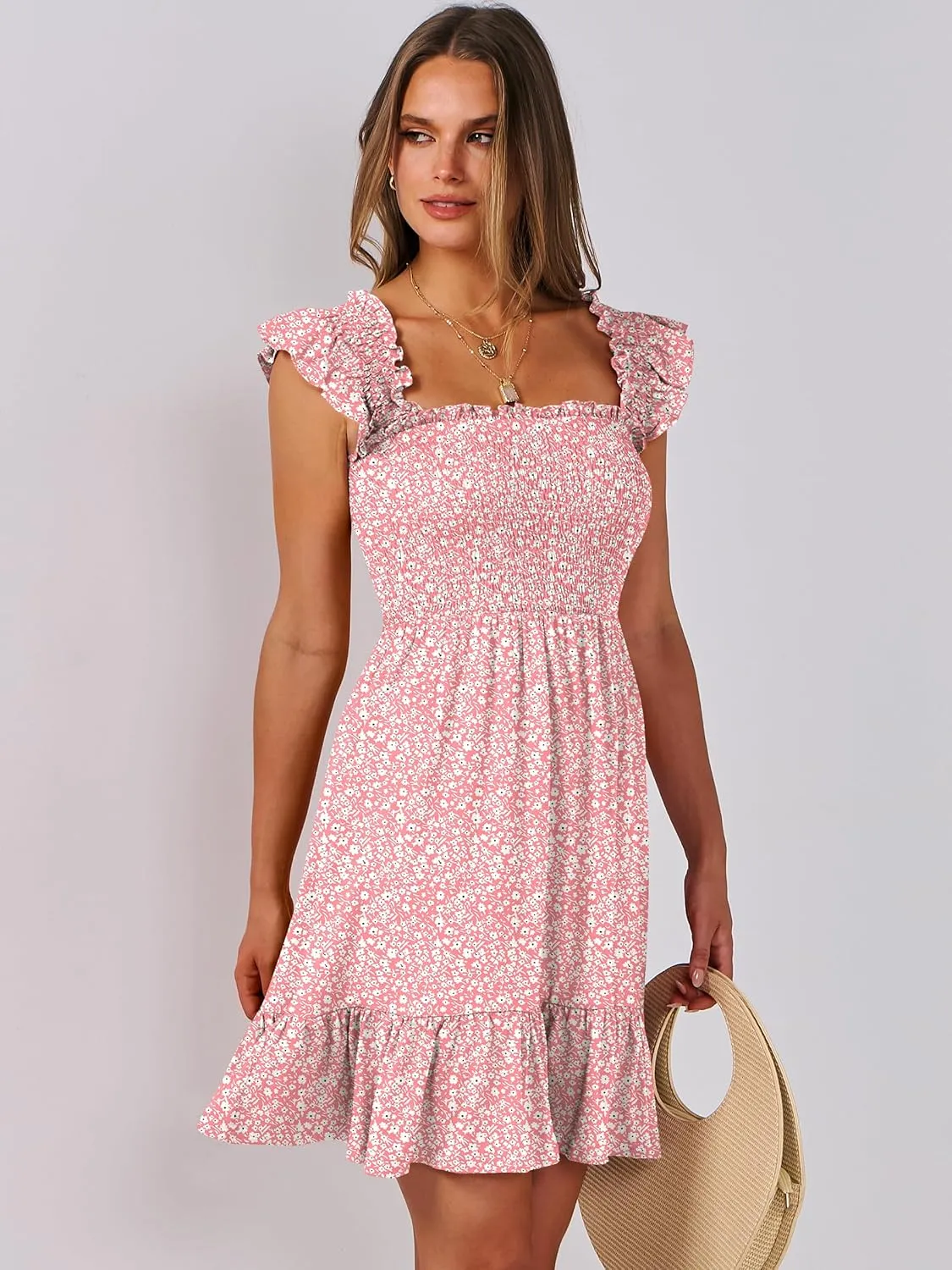 ANRABESS Women's Summer Casual Sleeveless Square Neck Dress 2025 Smocked Ruffle Backless Boho Beach Cute Teen Short Sundress