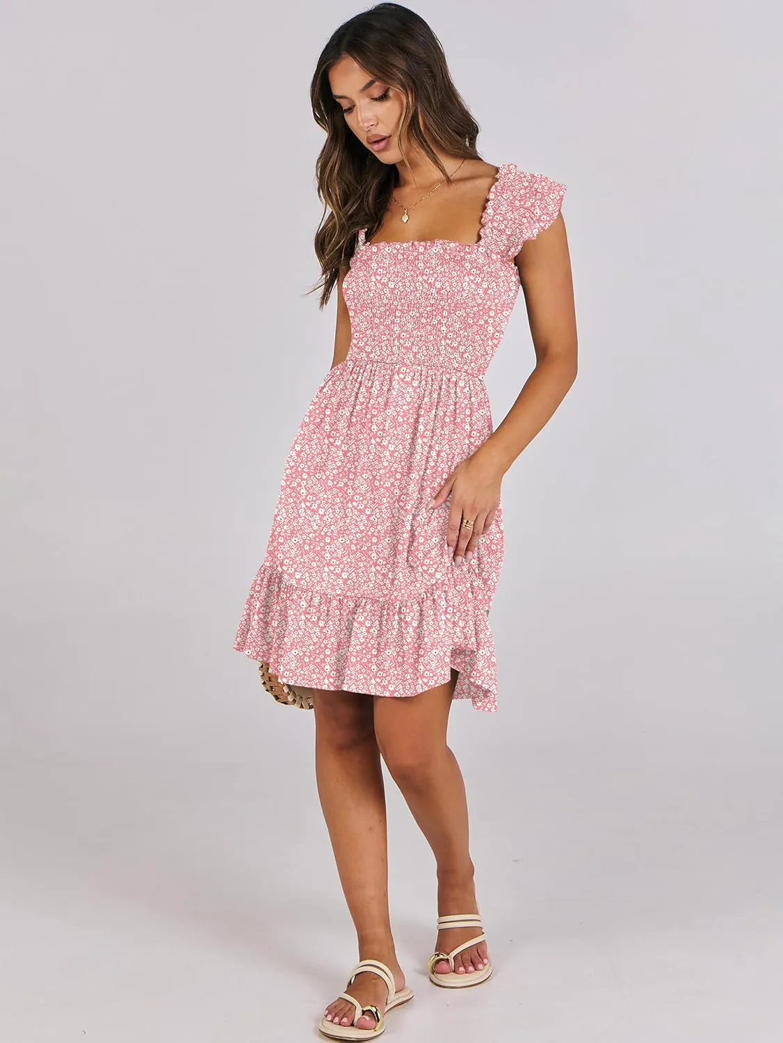 ANRABESS Women's Summer Casual Sleeveless Square Neck Dress 2025 Smocked Ruffle Backless Boho Beach Cute Teen Short Sundress