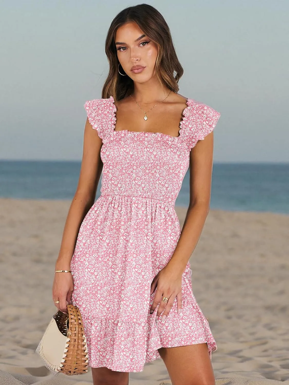 ANRABESS Women's Summer Casual Sleeveless Square Neck Dress 2025 Smocked Ruffle Backless Boho Beach Cute Teen Short Sundress