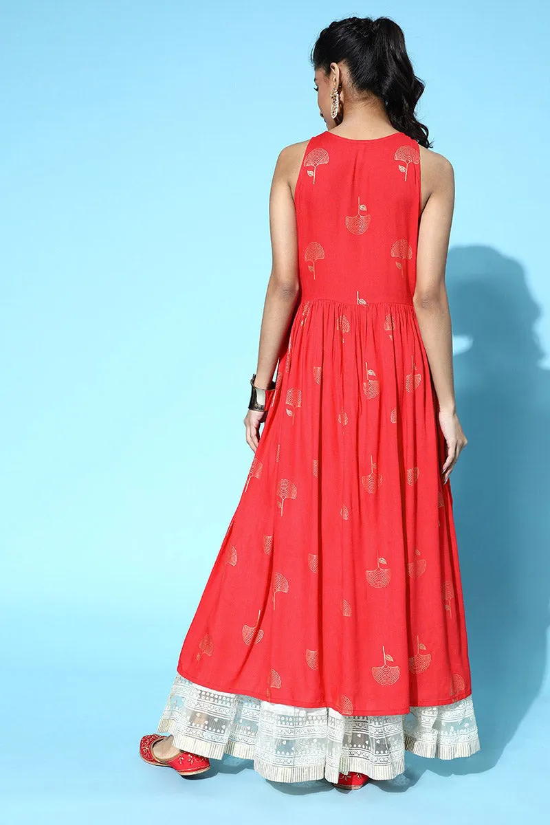 Attractive Red Cotton Ethnic Motifs Kurta Crafted with a flared -