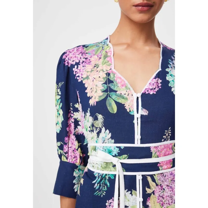 Augustine Embroidered Linen Viscose Dress | Navy Wisteria