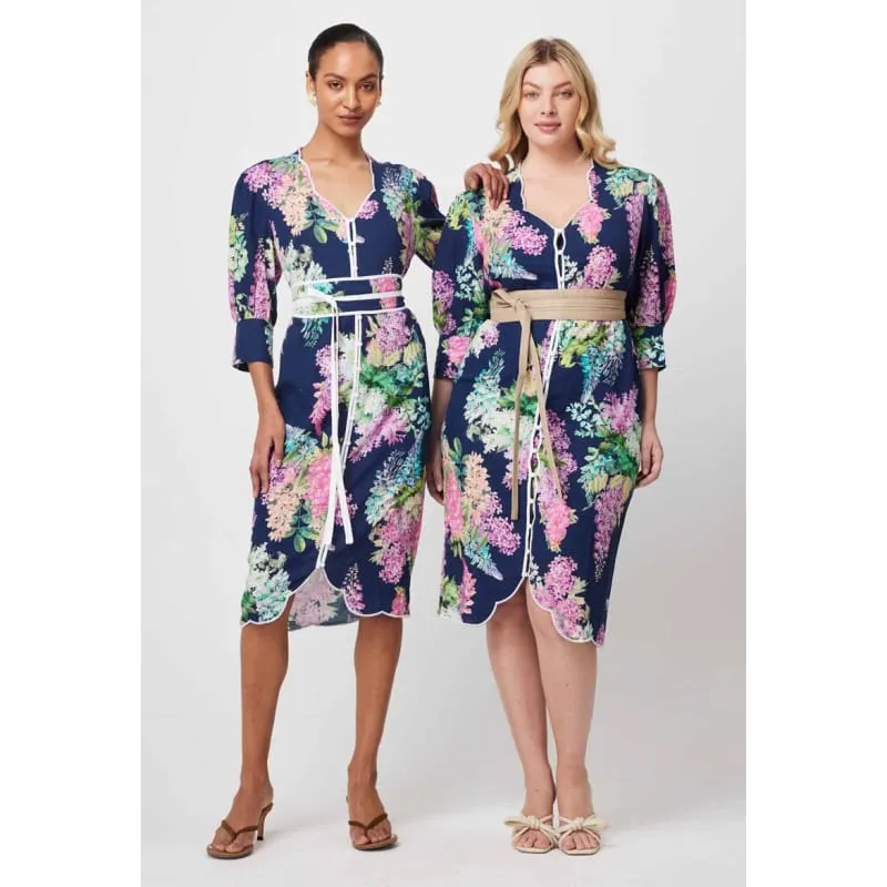 Augustine Embroidered Linen Viscose Dress | Navy Wisteria