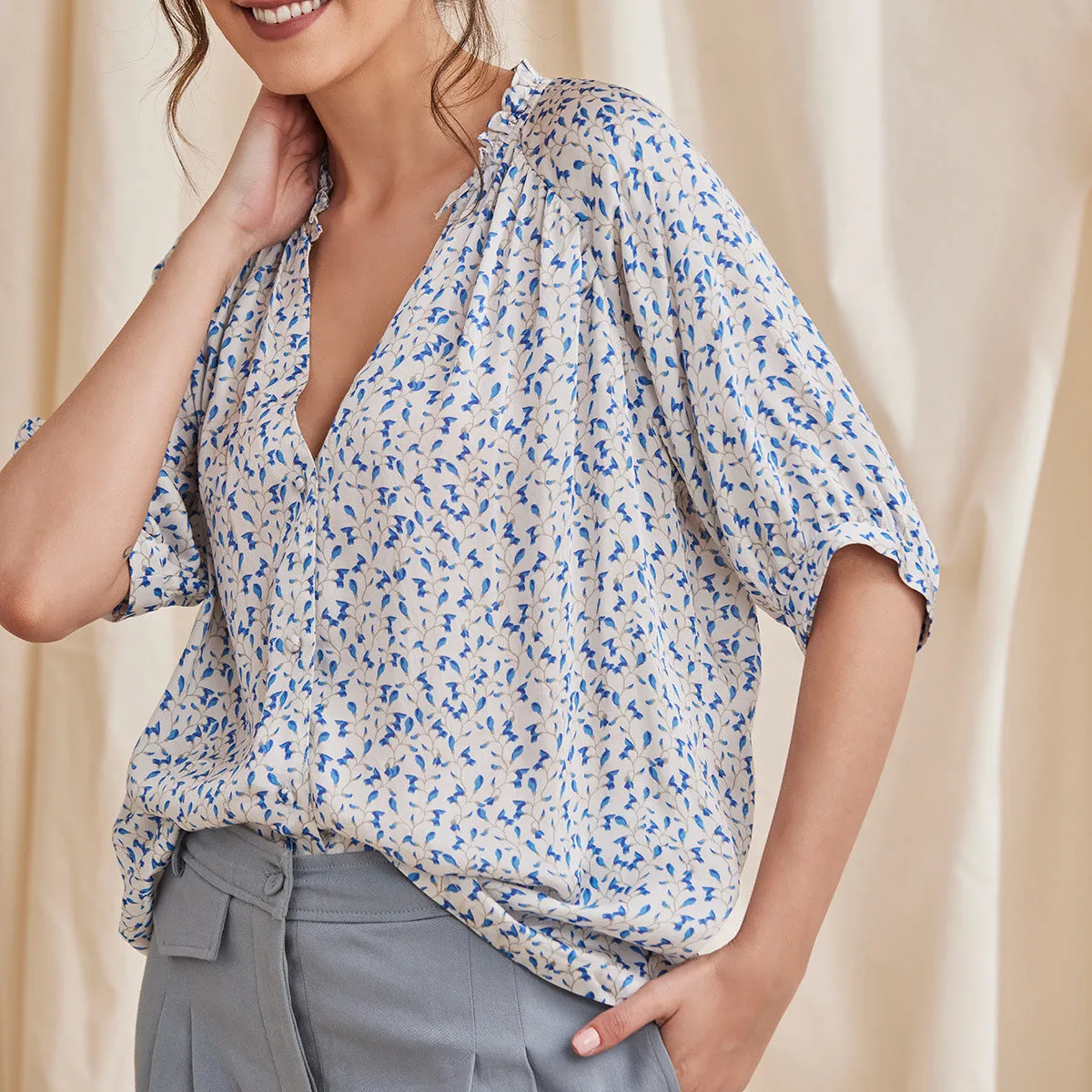 B77 LIVIA Formal Printed Modal Satin Women's White Shirt