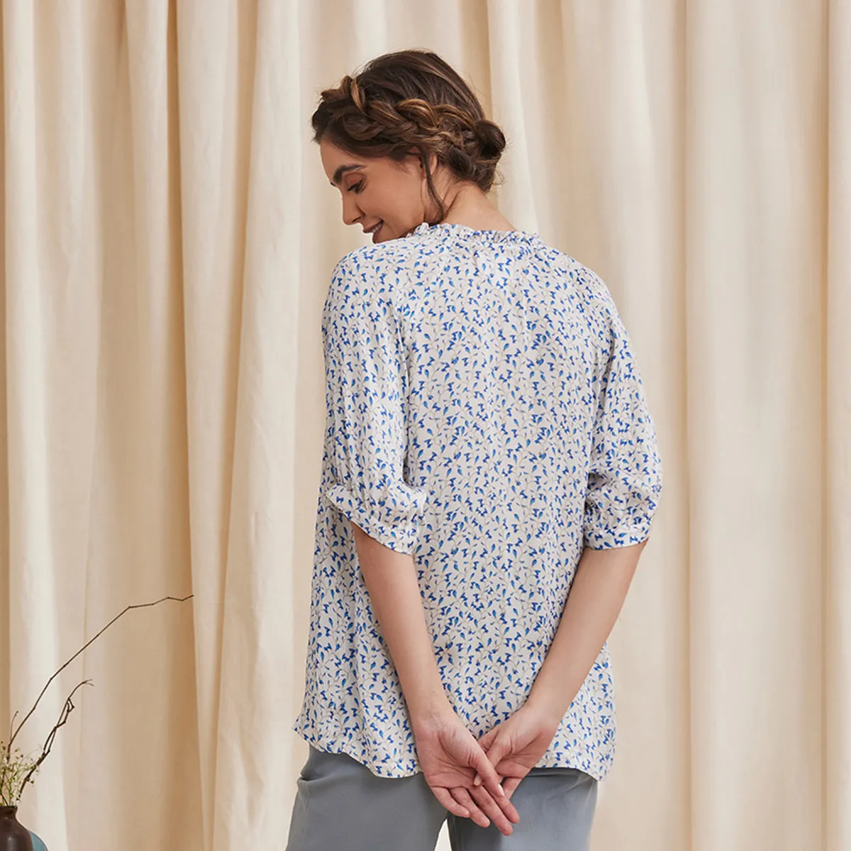 B77 LIVIA Formal Printed Modal Satin Women's White Shirt