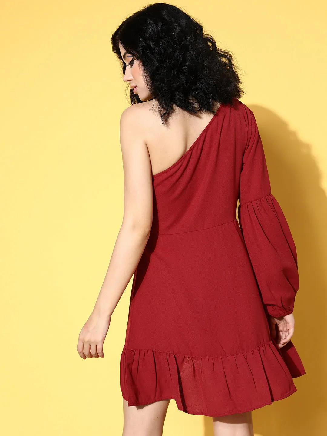 Berrylush Women Solid Red One-Shoulder Neck Crepe Tulip Hem Fit & Flare Mini Dress