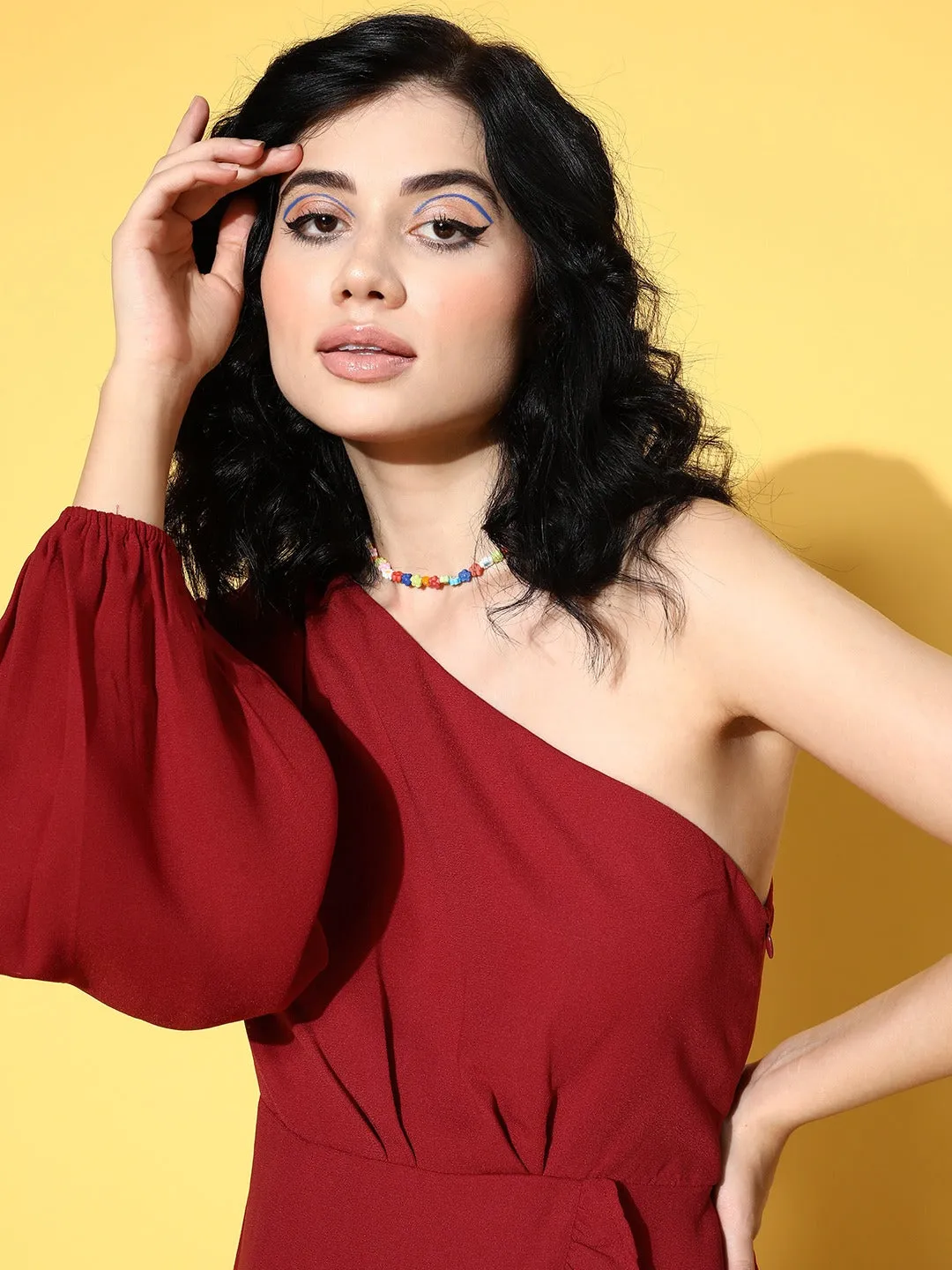 Berrylush Women Solid Red One-Shoulder Neck Crepe Tulip Hem Fit & Flare Mini Dress