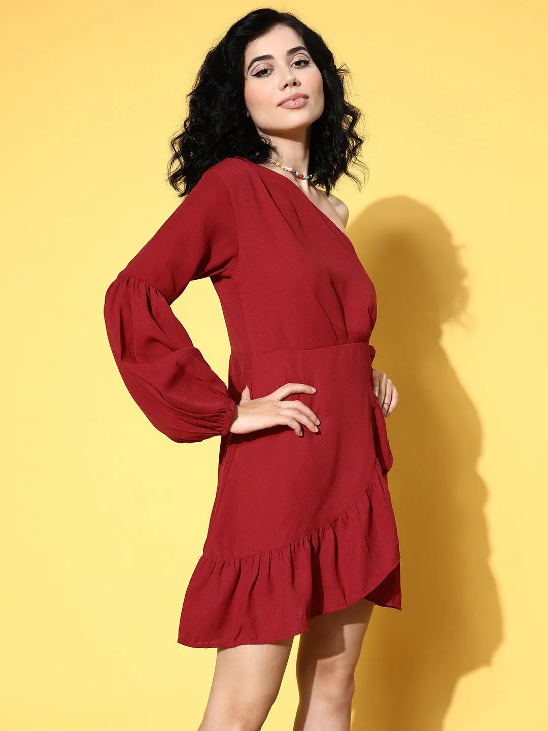 Berrylush Women Solid Red One-Shoulder Neck Crepe Tulip Hem Fit & Flare Mini Dress