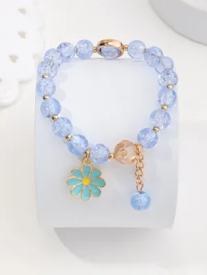 Blue Flower Charm Beaded Bracelet Boho Crafted Creative Beads Design Stretchy
