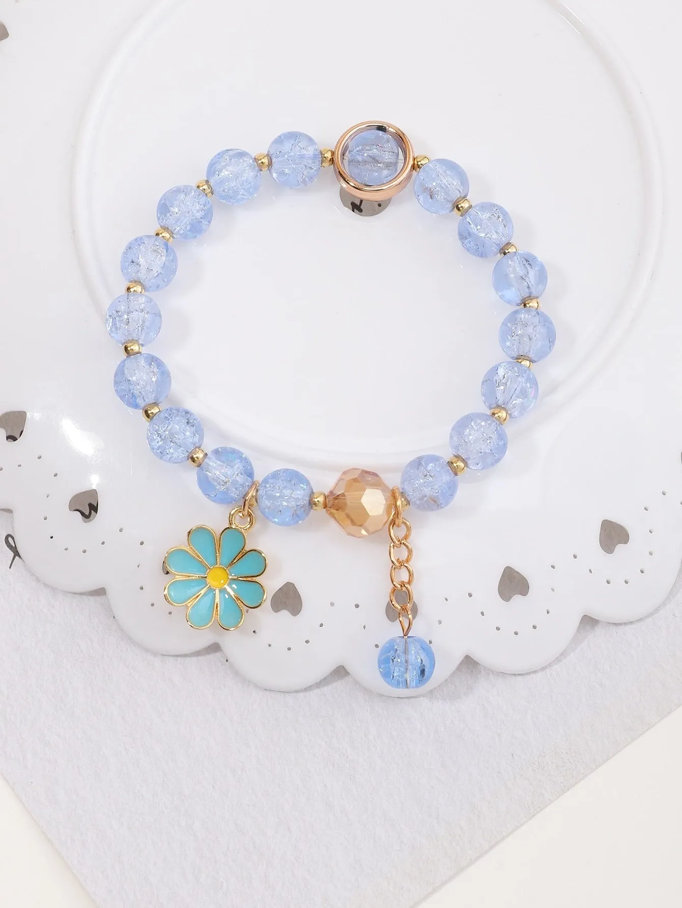 Blue Flower Charm Beaded Bracelet Boho Crafted Creative Beads Design Stretchy