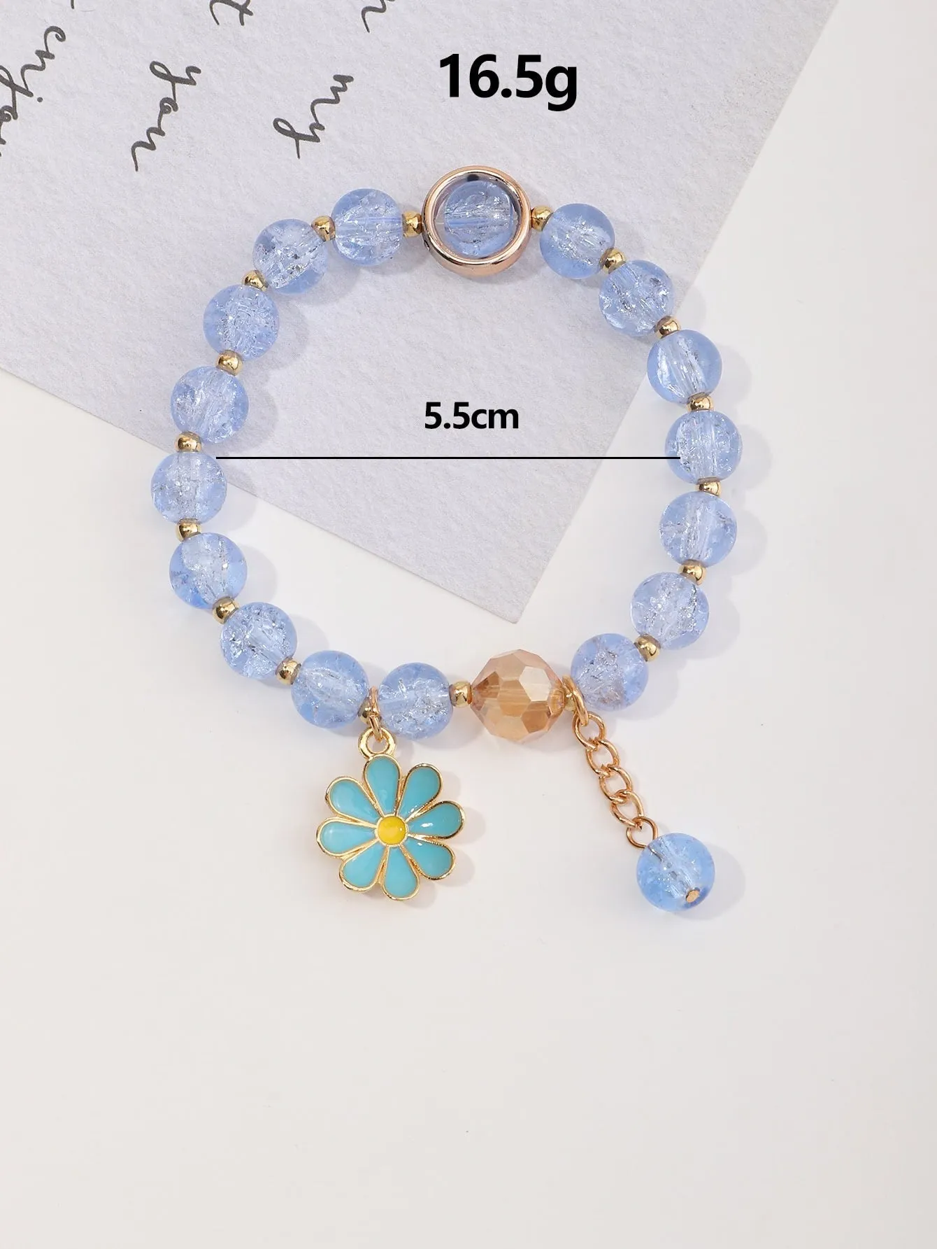 Blue Flower Charm Beaded Bracelet Boho Crafted Creative Beads Design Stretchy