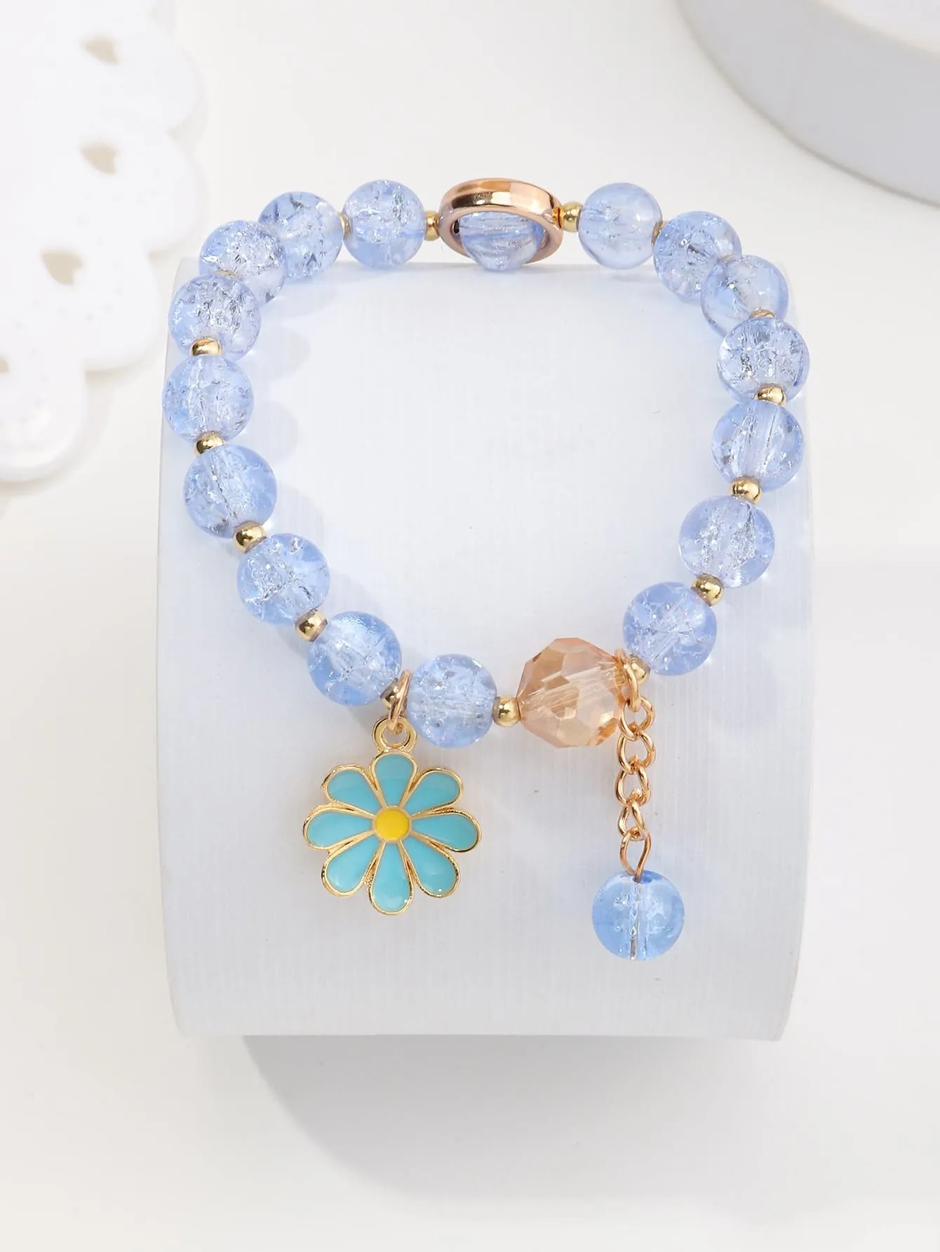 Blue Flower Charm Beaded Bracelet Boho Crafted Creative Beads Design Stretchy