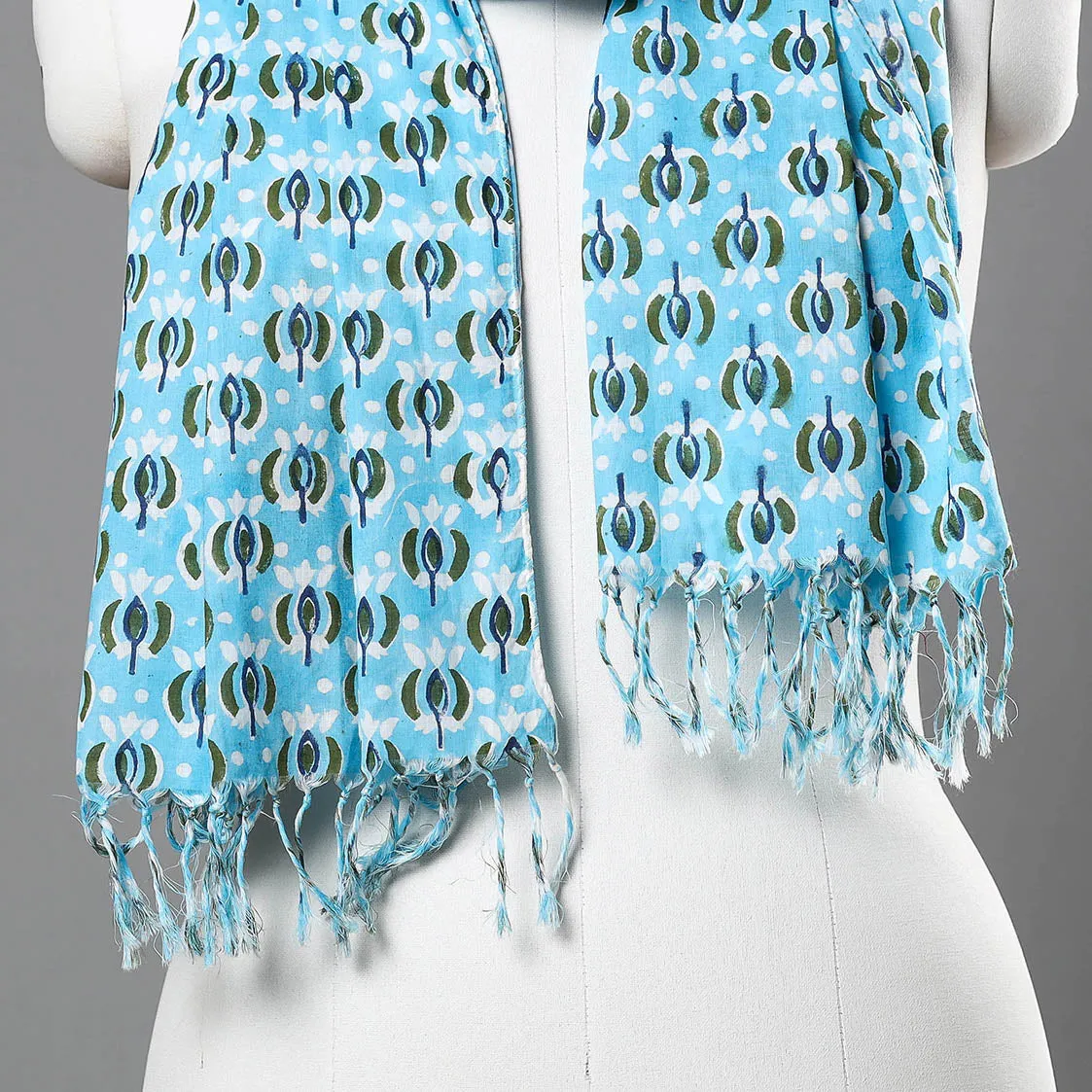Blue - Sanganeri Block Printed Cotton Stole with Tassels