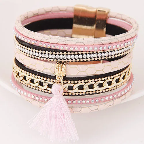 Boho Fashion Multilayer Rhinestone Leather Tassel Bracelets & Bangles Magnetic jewelry for women men pulseira feminina gift