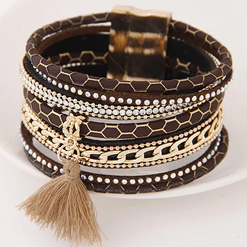 Boho Fashion Multilayer Rhinestone Leather Tassel Bracelets & Bangles Magnetic jewelry for women men pulseira feminina gift