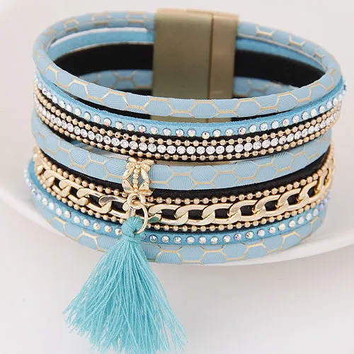 Boho Fashion Multilayer Rhinestone Leather Tassel Bracelets & Bangles Magnetic jewelry for women men pulseira feminina gift