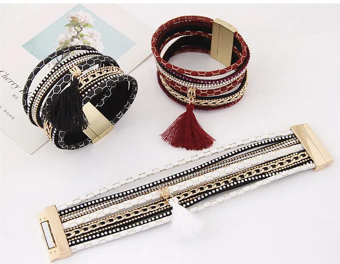 Boho Fashion Multilayer Rhinestone Leather Tassel Bracelets & Bangles Magnetic jewelry for women men pulseira feminina gift