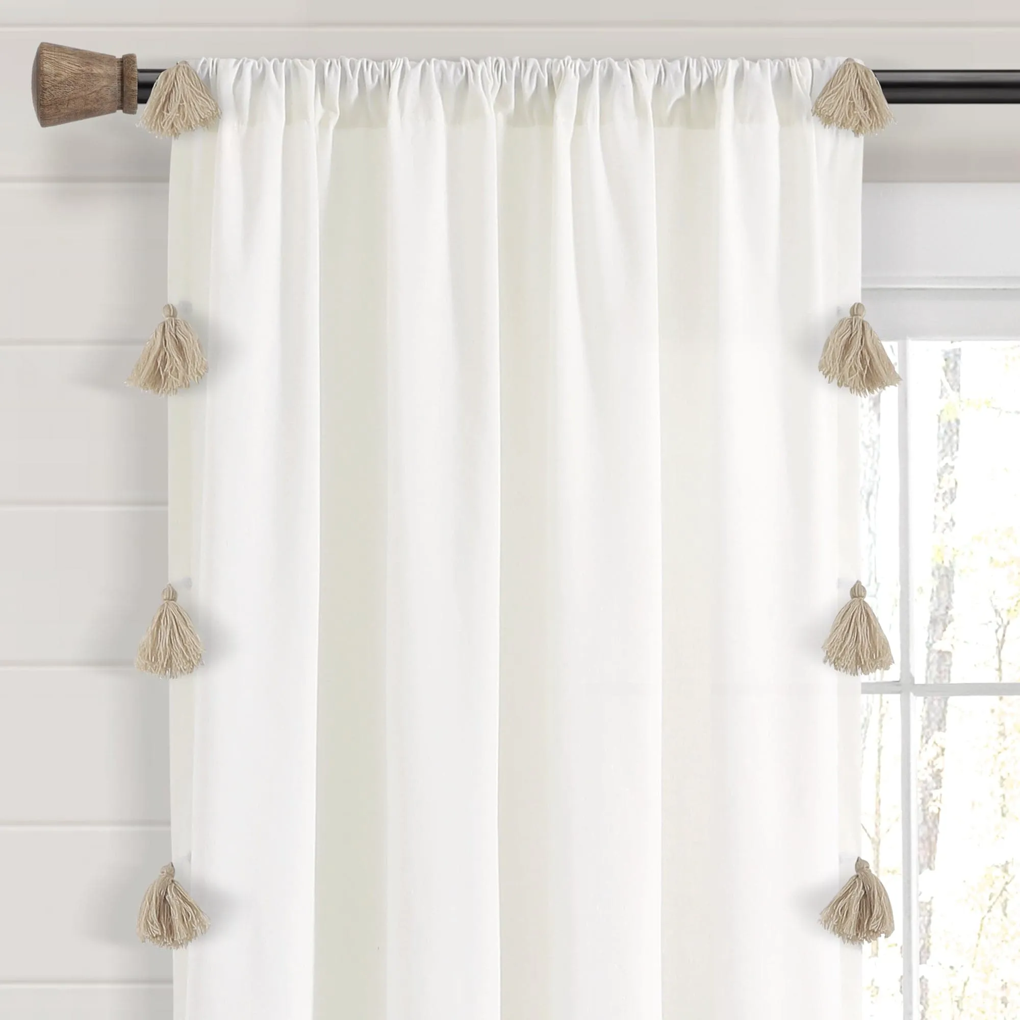 Boho Faux Linen Texture Tassel Window Curtain Panel