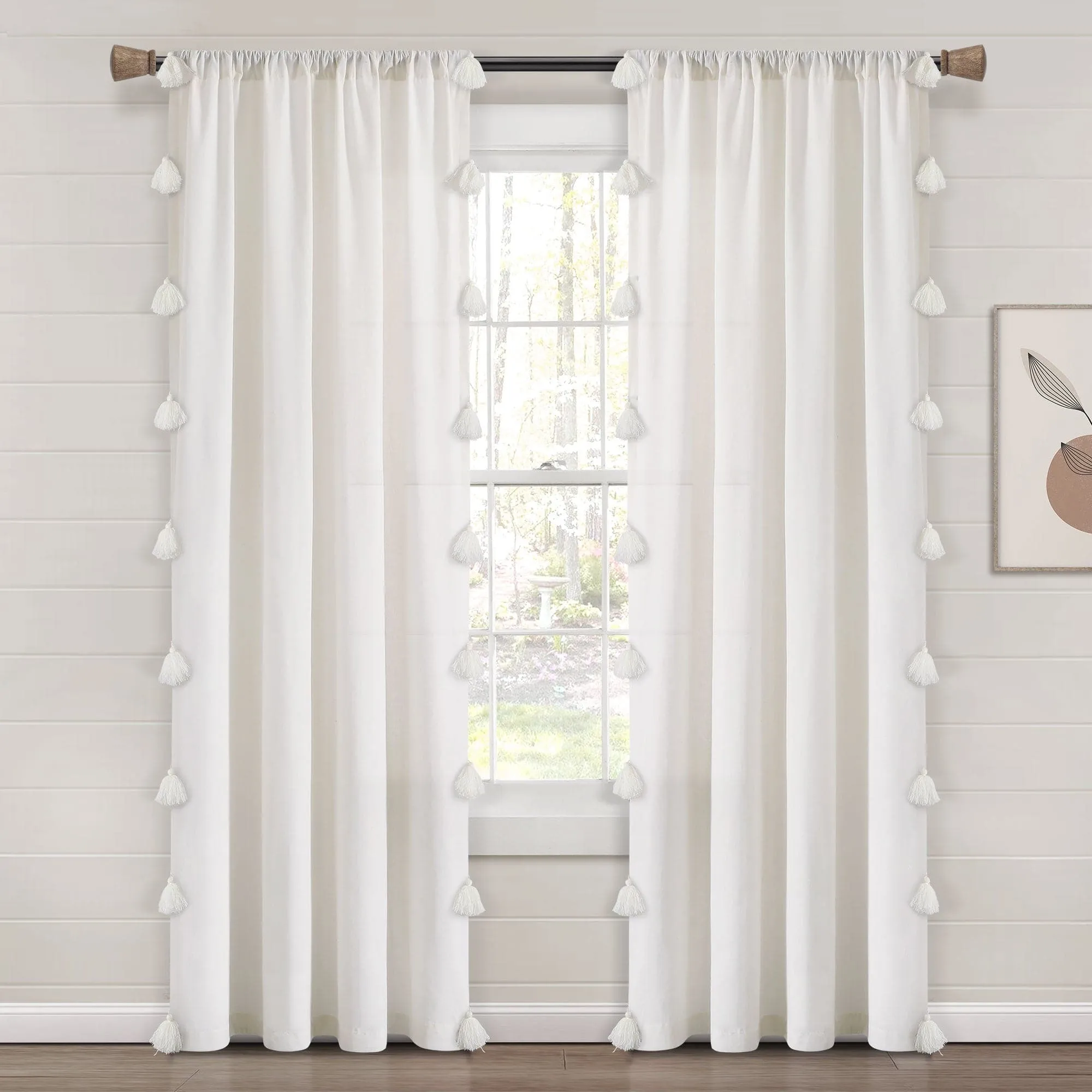 Boho Faux Linen Texture Tassel Window Curtain Panel
