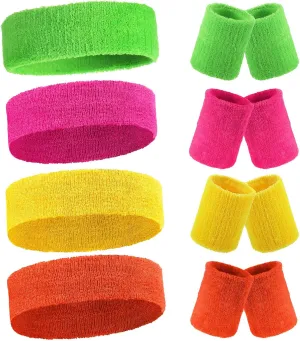 Civaner 4 Sets 80s 90s Neon Sweatbands Wrist Sweat Bands Workout Cotton Headbands Terry Cloth Absorbent Nonslip Stretchy Head Wrist Wicking Wristband for Men Women Party