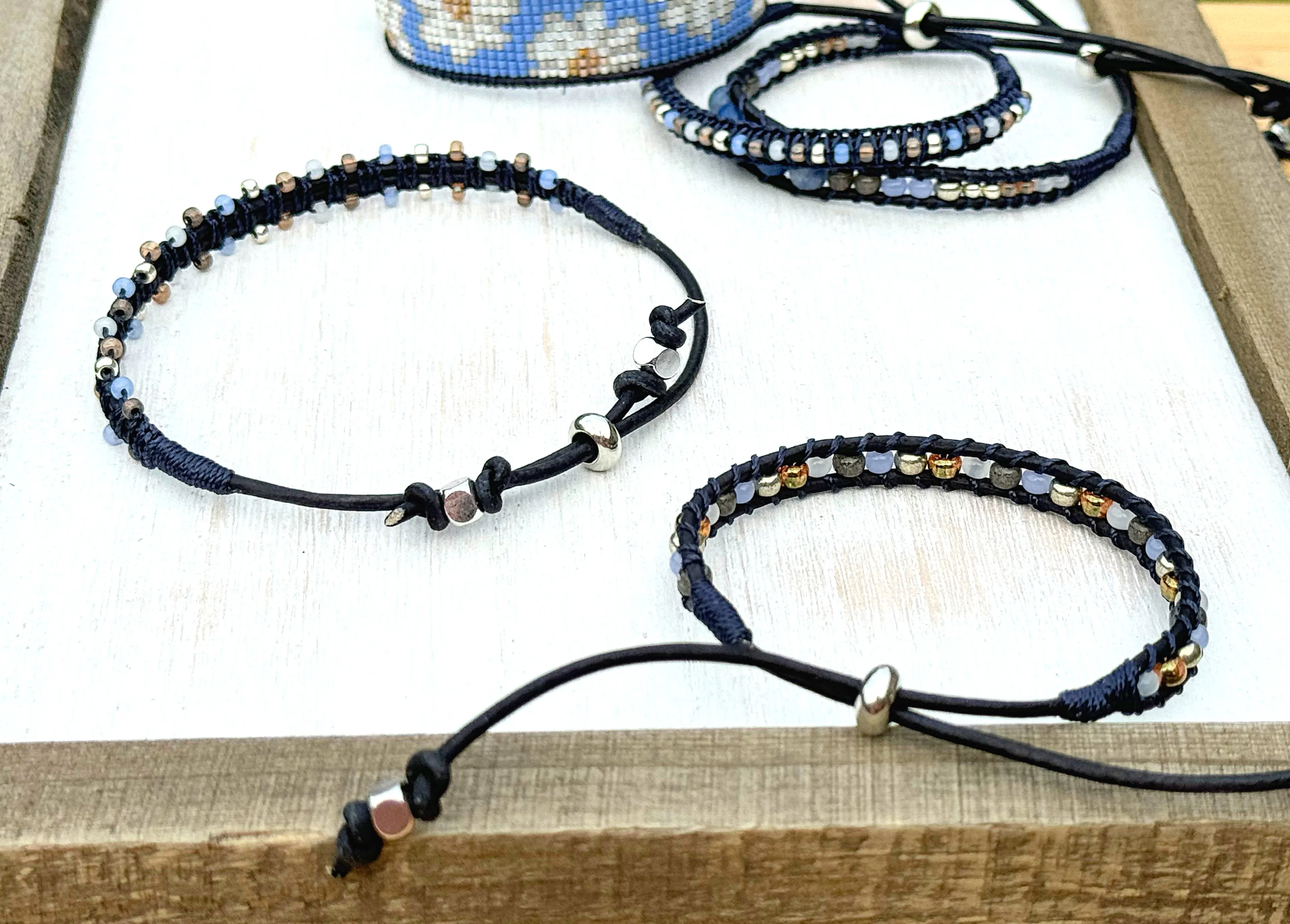 Daisy Blue Adventurine and glass bead Adjustable Leather Bracelet